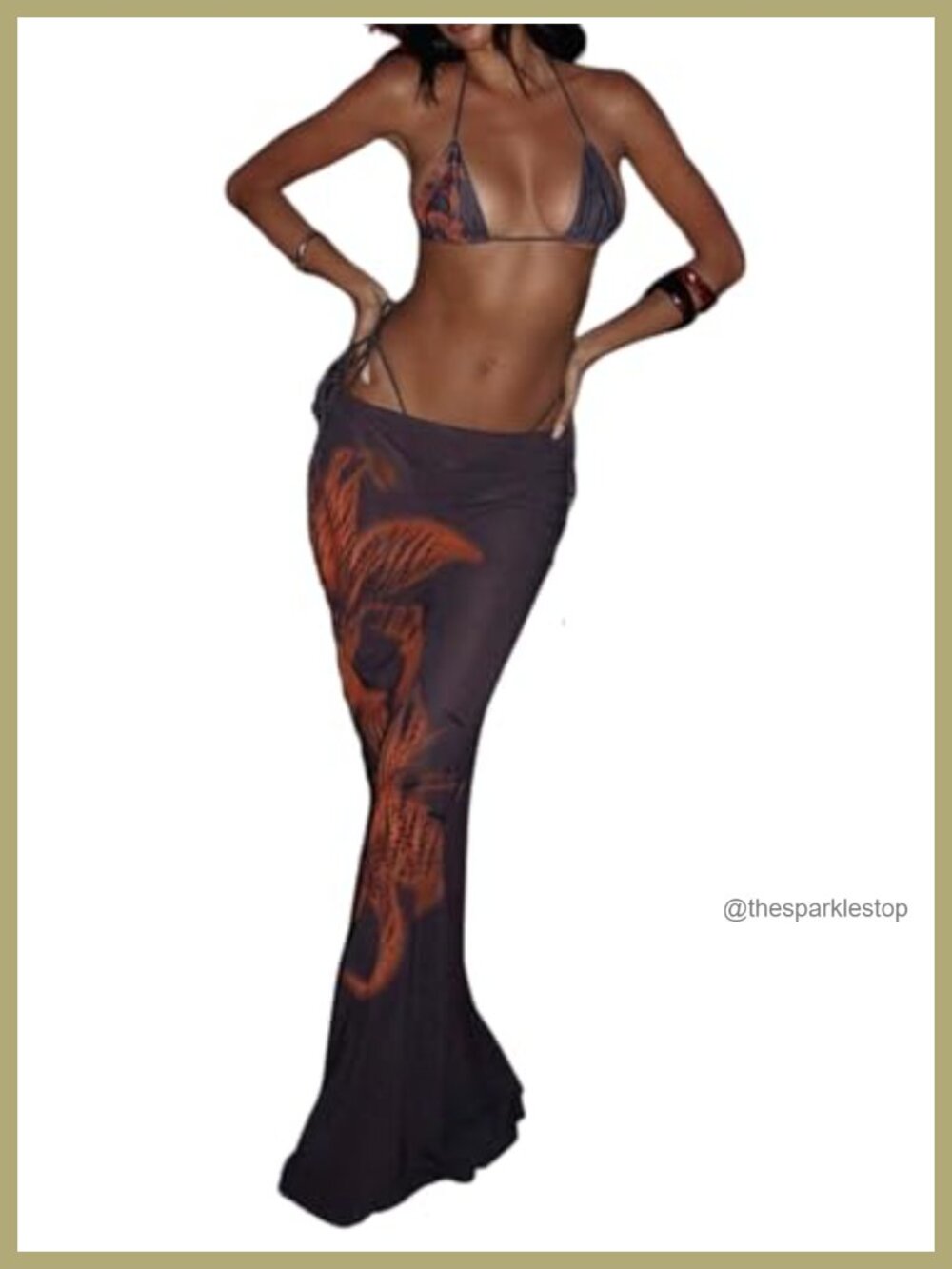 Women's 3 Piece Floral Bikini Set with Mesh Maxi Skirt Halter Triangle Swimsuit